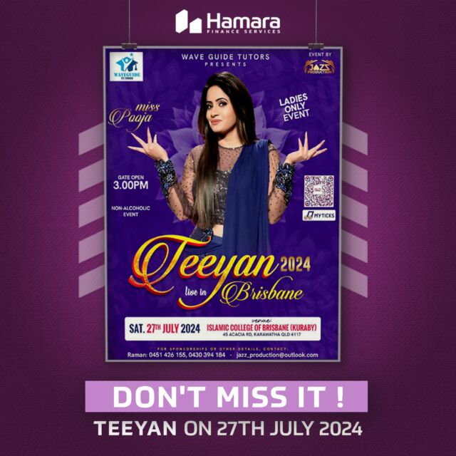 Don't miss out on the celebration of the year! 🎉✨ Hamara Finance is ecstatic to be a Gold Sponsor of the Teeyan 2024 event! 🌟 We're thrilled to announce that the sensational Miss Pooja will be rocking Brisbane with her electrifying performance for this grand celebration!

Teeyan is a festival that radiates happiness, prosperity, and well-being. It is a sacred and cherished time for Indian women when newly married and young unmarried women gather to celebrate the onset of the rainy season.

This year, we're taking it up a notch with Miss Pooja performing live in Brisbane, making this an event you won't want to miss. So, ladies, get ready to let your hair down and immerse yourself in an evening that promises to be mind-blowing! 🎶💃

Don't miss out on the celebration of the year! 🎉✨

🔗 Buy Tickets Here https://myticks.com.au/events/teeyan-2024/

#Teeyan2024 #MissPoojaLive #BrisbaneEvents #IndianFestival #WomenEmpowerment #CulturalCelebration #RainySeasonFestivities #IndianTraditions #GrandEvent #LadiesNightOut #HamaraFinance Miss Pooja Jazz Productions - Aaja Nach Lae - ਆ ਜਾ ਨੱਚ ਲੈ